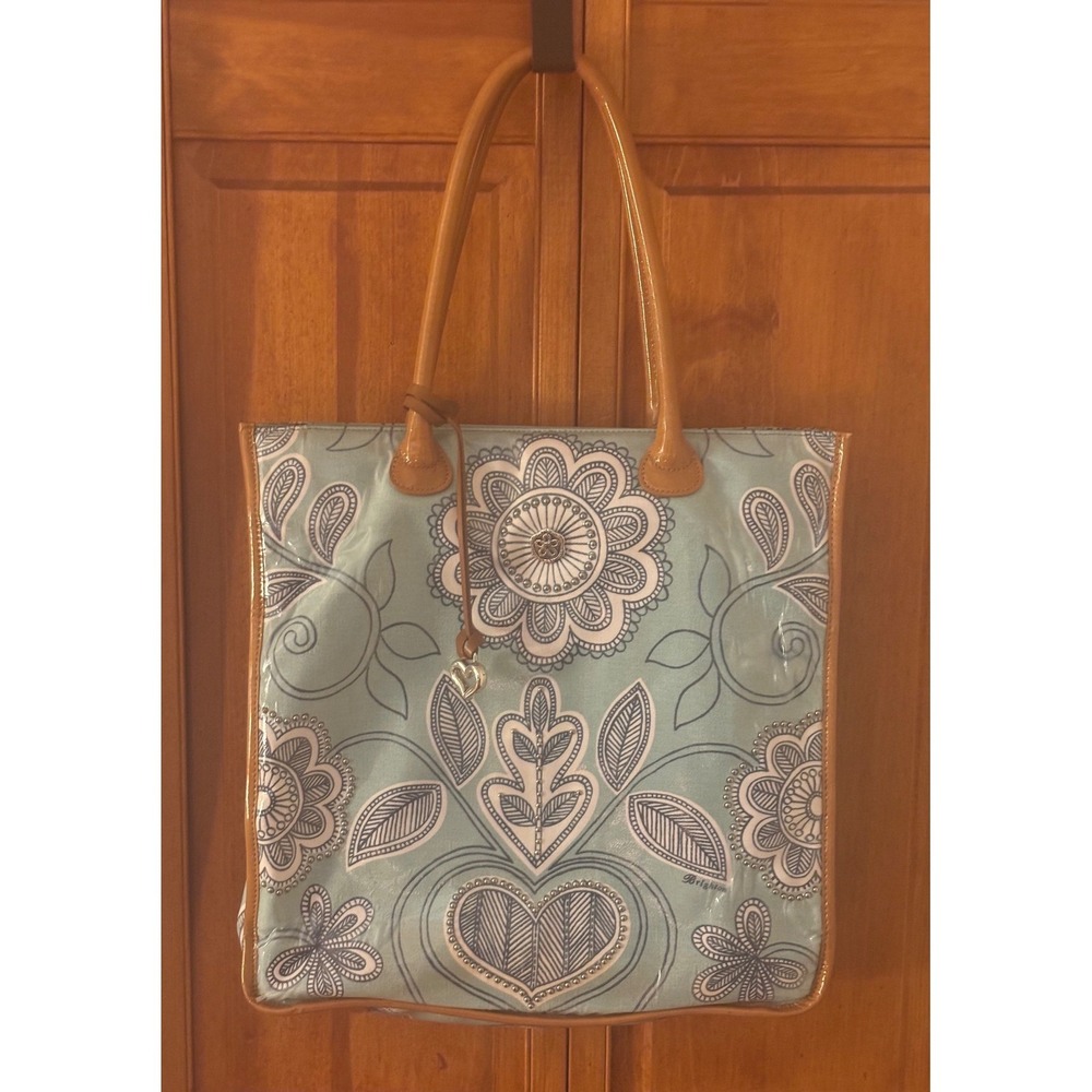 Brighton Floral Paisley Tote Bag Women Large Aqua Blue Coated Canvas Good zipper